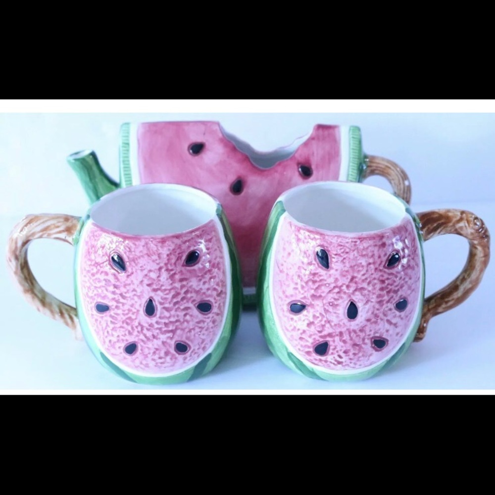 Vintage 1993 Wang's International Watermelon Teapot w/ Two Cups